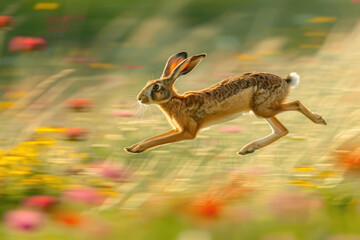 Fototapeta premium A hare sprints across a meadow, its legs a blur of motion