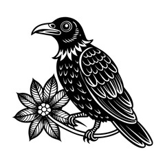 Obraz premium Crow and flower hand drawn illustration. Tattoo vintage print.