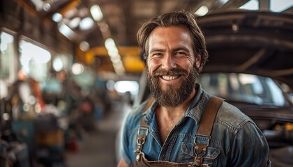 Obraz premium A bearded man wearing overalls and a denim shirt smiles warmly, standing in a well-lit automotive workshop, surrounded by tools and vehicles in the background, embodying hard work.