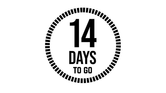 14 days to go, 31 days count 2D animation, motion graphics running numbers counting days, 14 days in a month, fourteen days left, 4K HD video with black text Transparent video alpha channel.