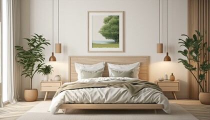 illustration of stylish modern white bedroom with cozy bed and empty frame on wall.