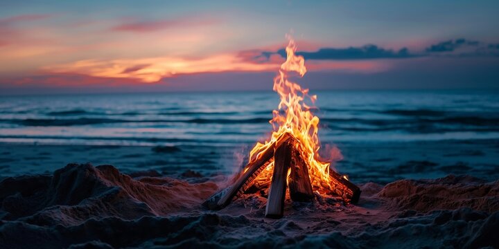 A serene beach scene featuring a campfire glowing warmly against the backdrop of a colorful sunset sky and the calm ocean, evoking feelings of warmth and relaxation.
