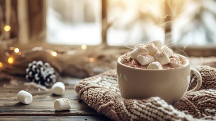 Cup of hot chocolate with marshmallows on a rustic wooden table