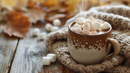Cup of hot chocolate with marshmallows on a rustic wooden table