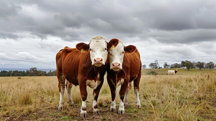 Two Cows Standing Together in a Field