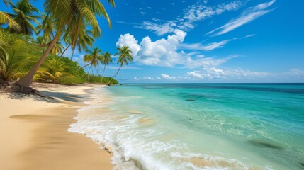 A tropical beach with soft white sand, crystal clear waters and lush palm trees