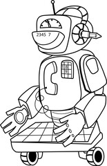 Outline drawing of funny childish robot for children coloring book page. Black line contour of toy robot for coloring.