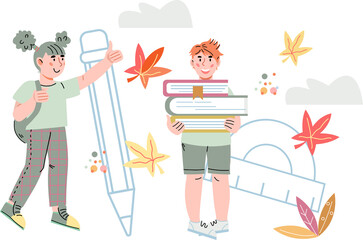 Fototapeta premium Back to school concept with schoolboy and girl. Schoolchildren for kids learning and school education, online lessons.
