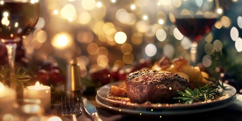 A beautifully arranged dinner setup featuring a succulent steak garnished with herbs and accompanied by a glass of red wine, creating a cozy dining experience.