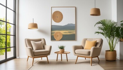 Fototapeta premium Two armchairs in room with white wall and big frame poster on it. Scandinavian style interior design of modern living room.