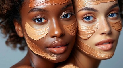 Two women with different skin tones are shown close up with face masks applied.