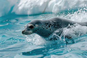 A seal slides into the ocean from an icy ledge, creating ripples and splashes