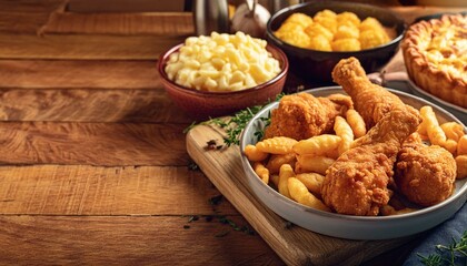 Naklejka premium Depict a cozy scene with classic comfort foods like mac and cheese, fried chicken, mashed
