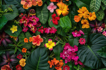 A vibrant top-down view of a tropical garden filled with exotic flowers