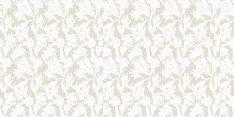 Seamless french gender neutral floral linen printed fabric border background. Light mottled white on grey cottage core block print pattern. Shabby chic woven duotone cloth effect. 