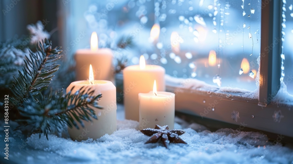 Poster Burning white advent candles with Christmas decor on icy window