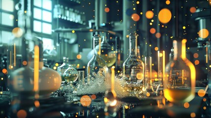 Fototapeta premium High angle view of a busy chemistry lab with bubbling test tubes and glowing particles