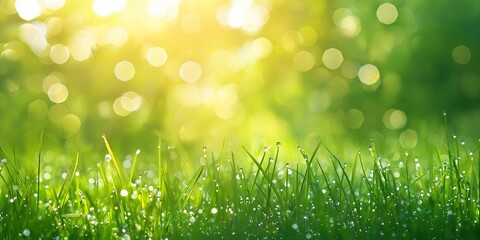 Obraz premium Close-up shot of fresh dewdrops on grass with a vibrant bokeh effect in the background, capturing the essence of a bright and serene morning environment.