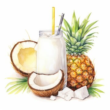 watercolor coconut pineapple smoothie drink clip art preview