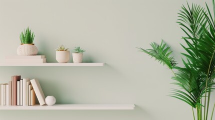 A white bookshelf in a minimalist setting, featuring a selection of books and decorative items. The clean and uncluttered design provides ample copy space for customization.