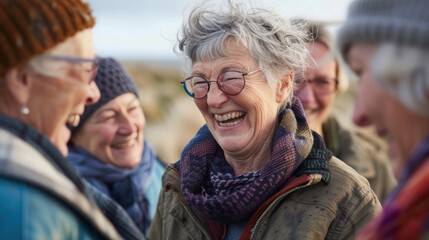 A group of older women are smiling and laughing together