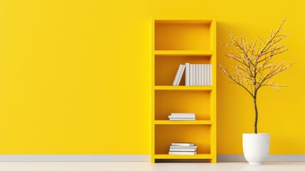 A stylish bookshelf painted in a bold yellow color, adding a pop of personality to any room. The minimalist design and ample copy space make it ideal for showcasing books, decorations, or products in