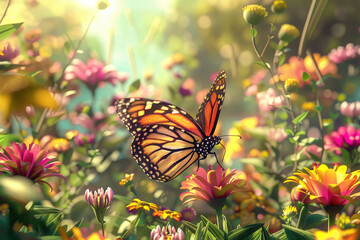 A butterfly flits from flower to flower, wings in motion, in a colorful garden