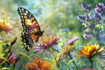 A butterfly flits from flower to flower, wings in motion, in a colorful garden