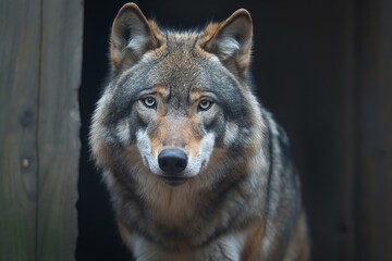 Fototapeta premium An intense close-up of a wolf with a sharp, penetrating gaze, shot in a soft-lit setting