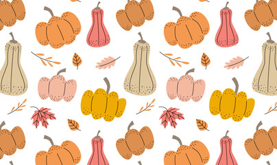 Autumn pumpkins with leaves seamless pattern. Pumpkins on white background. Fall design for textile, wallpaper, and print. Autumn harvest illustration. 	