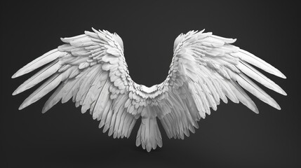 A pair of white angel wings spread against a black background
