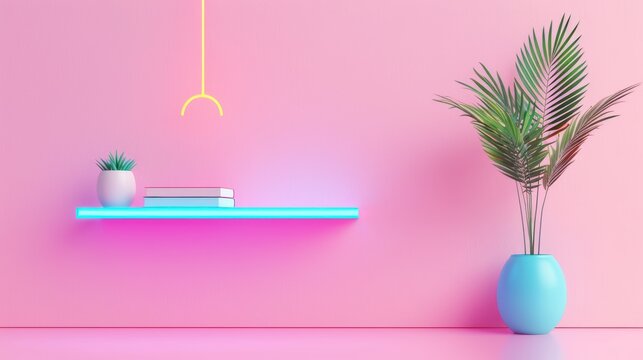 A sleek and minimalist bookshelf with integrated neon lighting, providing a unique and eye-catching display for books and decor items. The image offers plenty of copy space for customization.