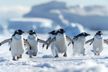 Obraz premium Penguins waddle across the ice, some sliding on their bellies, in an Antarctic scene