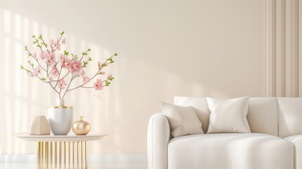 A modern apartment interior with subtle gold accents, designed in a minimalist style with clean lines and a neutral color palette. The image provides plenty of copy space for adding text or graphics.