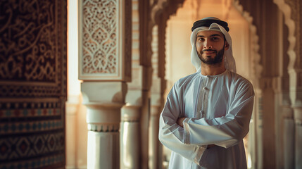 Dressed in traditional Arabic outfit, a standing and dynamic Arabic handsome guy posing near an ornate, arched doorway, front light, smiling brightly and looking directly into the