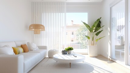 Fototapeta premium A modern apartment with a subtle rainbow color palette, designed in a minimalist style with clean lines and uncluttered space. Ideal for projects that require a calm and sophisticated atmosphere.