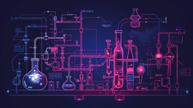 Chemical synthesis stages of BPA key reagents and production steps outlined schematically, banner