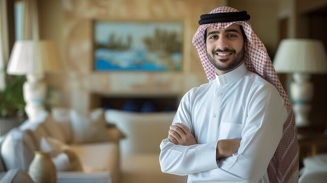Dressed in traditional Arabic outfit, a standing and dynamic Arabic handsome guy posing in a traditional Arabic living room setting, front light, smiling brightly and looking direc
