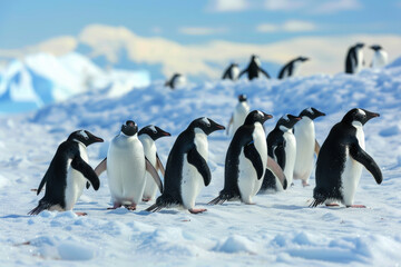 Obraz premium Penguins waddle across the ice, some sliding on their bellies, in an Antarctic scene