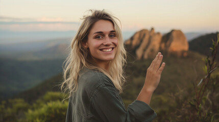 A beautiful blonde Australian woman smiling, looking at the camera with her right hand palm facing up, standing in front of a majestic mountain range.