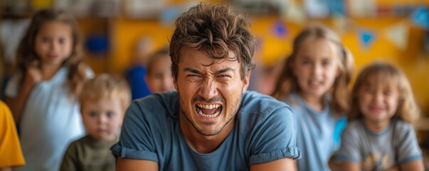 Fototapeta premium A cheerful man shows exaggerated happiness while playing with children, embodying joy and playfulness
