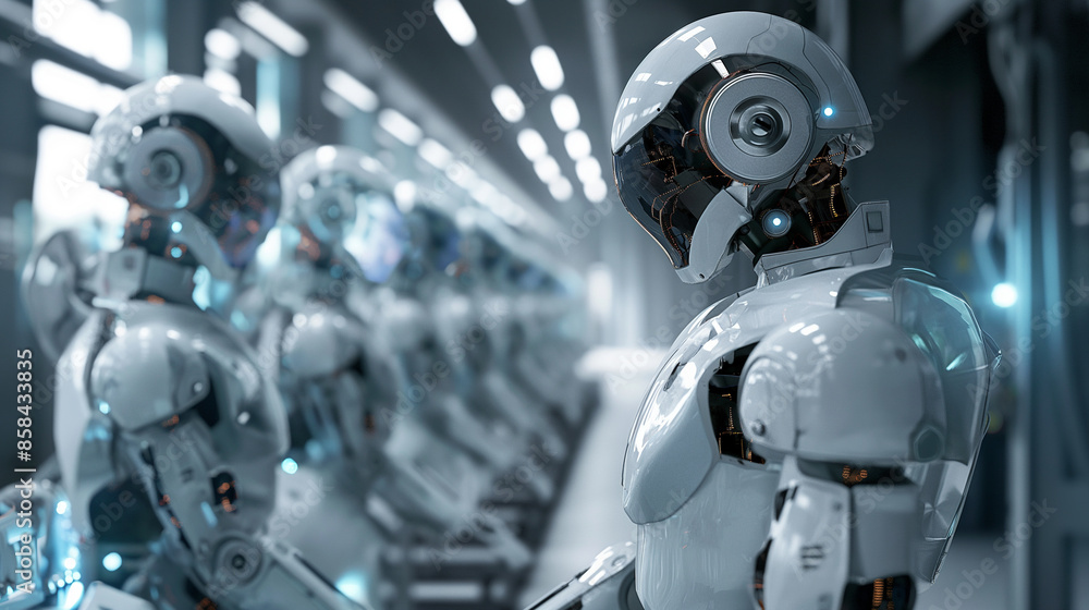 Poster a production supervisor overseeing a line of advanced manufacturing robots in a clean and organized 
