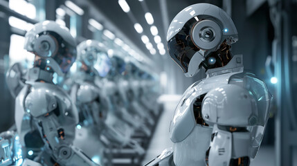 A production supervisor overseeing a line of advanced manufacturing robots in a clean and organized facility.