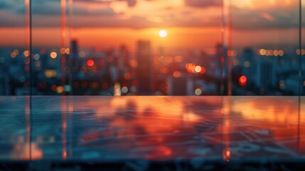 Marble tabletop with city sunset view from rooftop bar