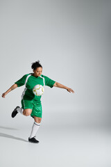 A female soccer player in a green uniform juggles the ball with one foot against a white backdrop.