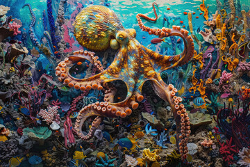 Naklejka premium An octopus glides through coral reefs, tentacles trailing, in a vibrant underwater scene