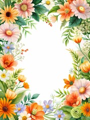 Fototapeta premium Vibrant Floral Frame with Watercolor Flowers - Ideal for Custom Invitations and Event Cards