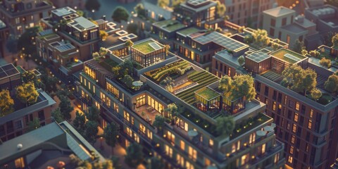 Modern apartment complex with green rooftops, solar panels, and rooftop gardens, emphasizing sustainable urban living and nature integration