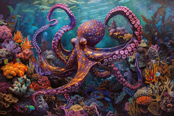 Naklejka premium An octopus glides through coral reefs, tentacles trailing, in a vibrant underwater scene