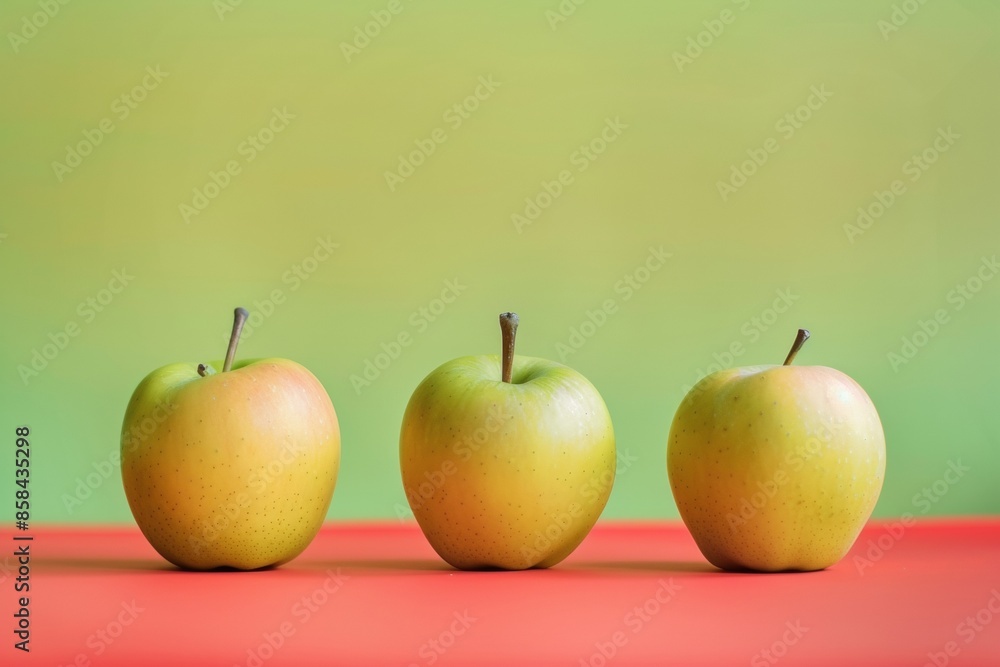 Poster Impressionistic Symmetrical Display of Three Apples on Red Table, Emphasizing Soft Tones and Abstract Summer Vibe Through Long Exposure Photography